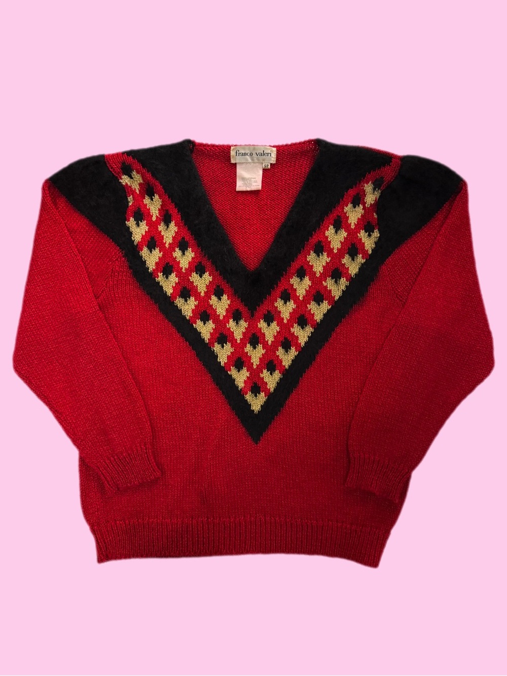 Vintage 90s Franco Valeri Abstract Metallic Angora V Neck Knit Sweater Red Small